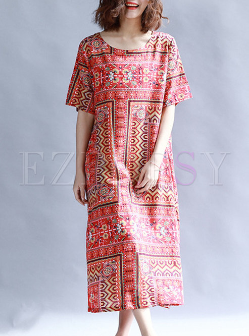 Red Ethnic Printing Loose Maxi Dress